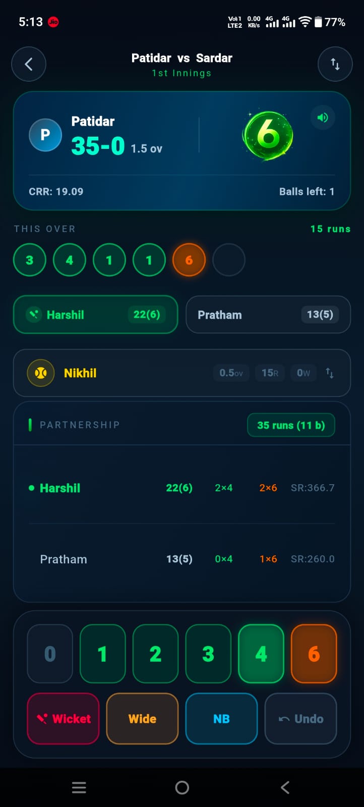 CricRun Counter live scoring screen